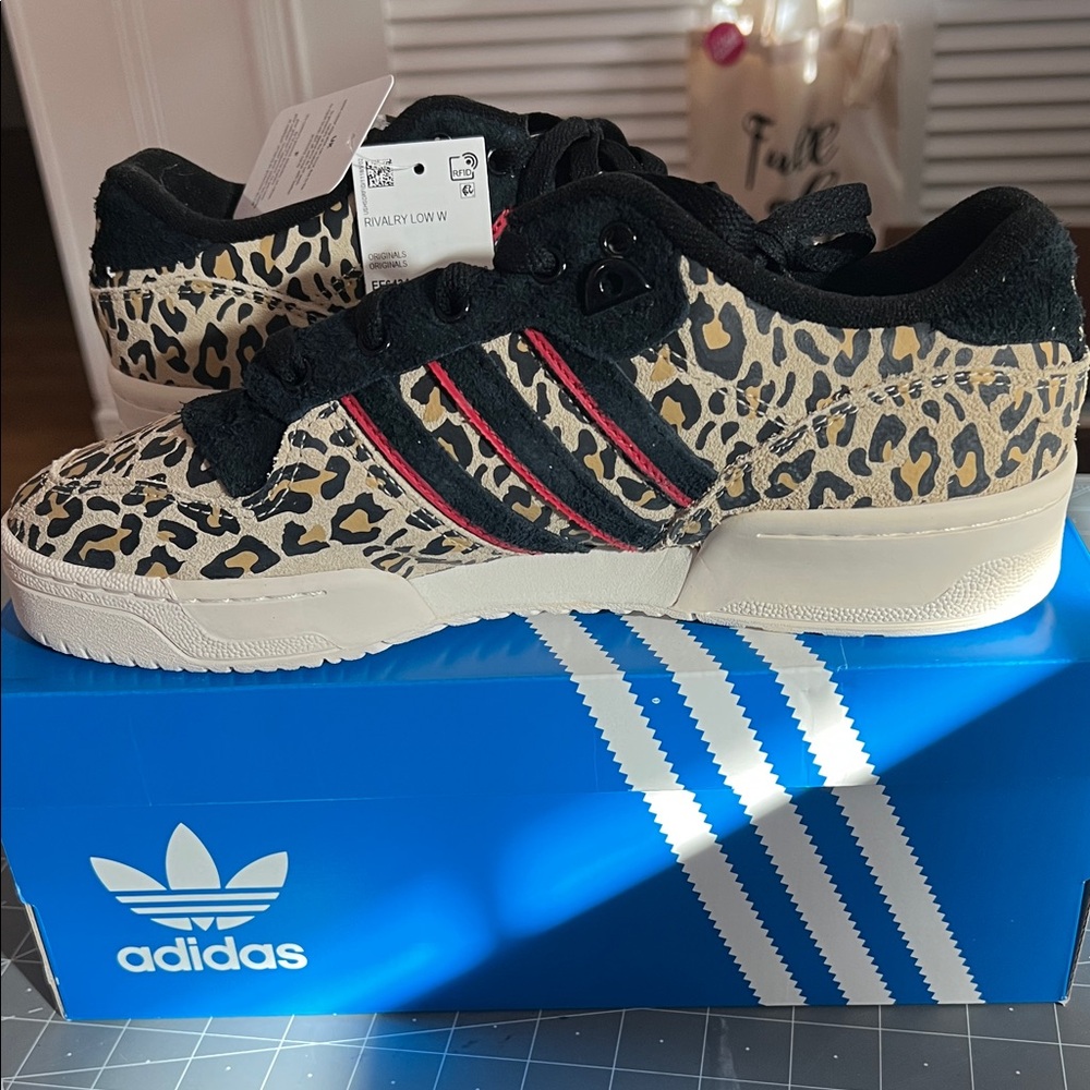 Adidas Rivalry Low Leopard Pattern Sneakers with Black and Red Stripes